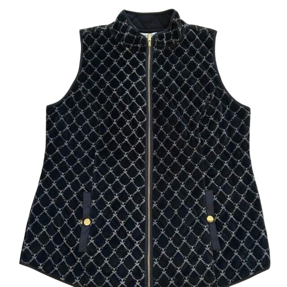 Charter Club Vest Women's Velour Print Black Grey Quilted Full Zip Size M